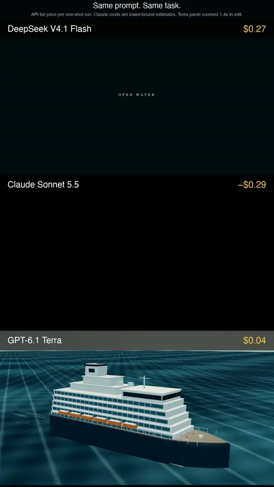 Cinematic cruise ship at sea, three models: DeepSeek V4.1 Flash 1017 vs Claude Sonnet 5.5 vs GPT-6.1 Terra