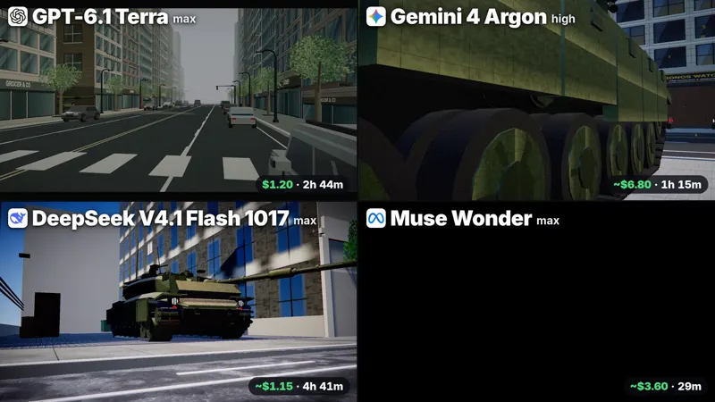 Tank ambush scene, four affordable models: GPT-6.1 Terra vs Gemini 4 Argon vs DeepSeek V4.1 Flash 1017 vs Muse Wonder 1.0