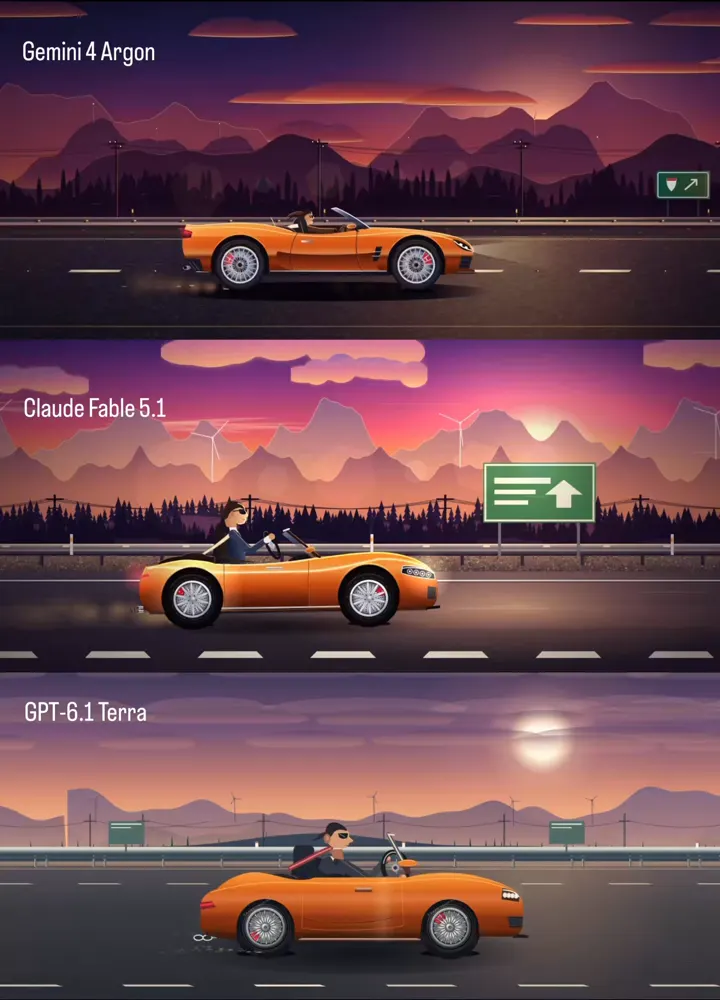 Convertible on a sunset road, Argon vs Terra vs Fable: Gemini 4 Argon vs GPT-6.1 Terra vs Claude Fable 5.1