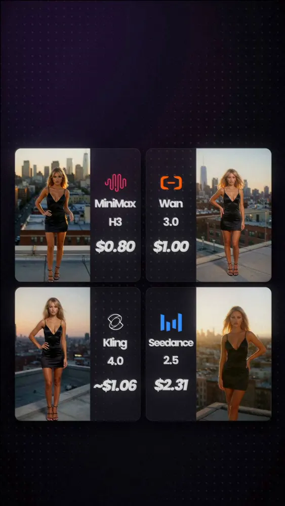 Sunset scene from one sheet, four video models: MiniMax H3 vs Wan 3.0 vs Kling 4.0 vs Seedance 2.5