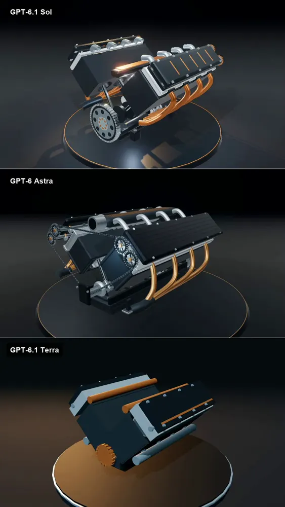 Working V8 engine, Sol vs Astra vs Terra: GPT-6.1 Sol vs GPT-6 Astra vs GPT-6.1 Terra