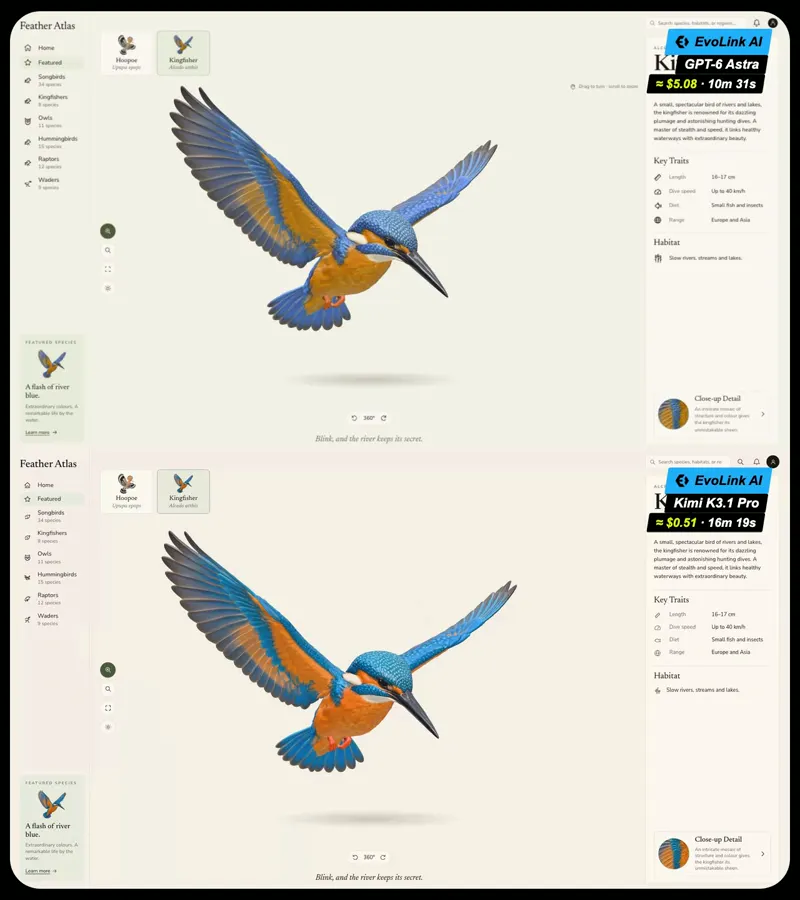 3D bird guide page, GPT-6 Astra vs Kimi K3.1 Pro: GPT-6 Astra vs Kimi K3.1 Pro
