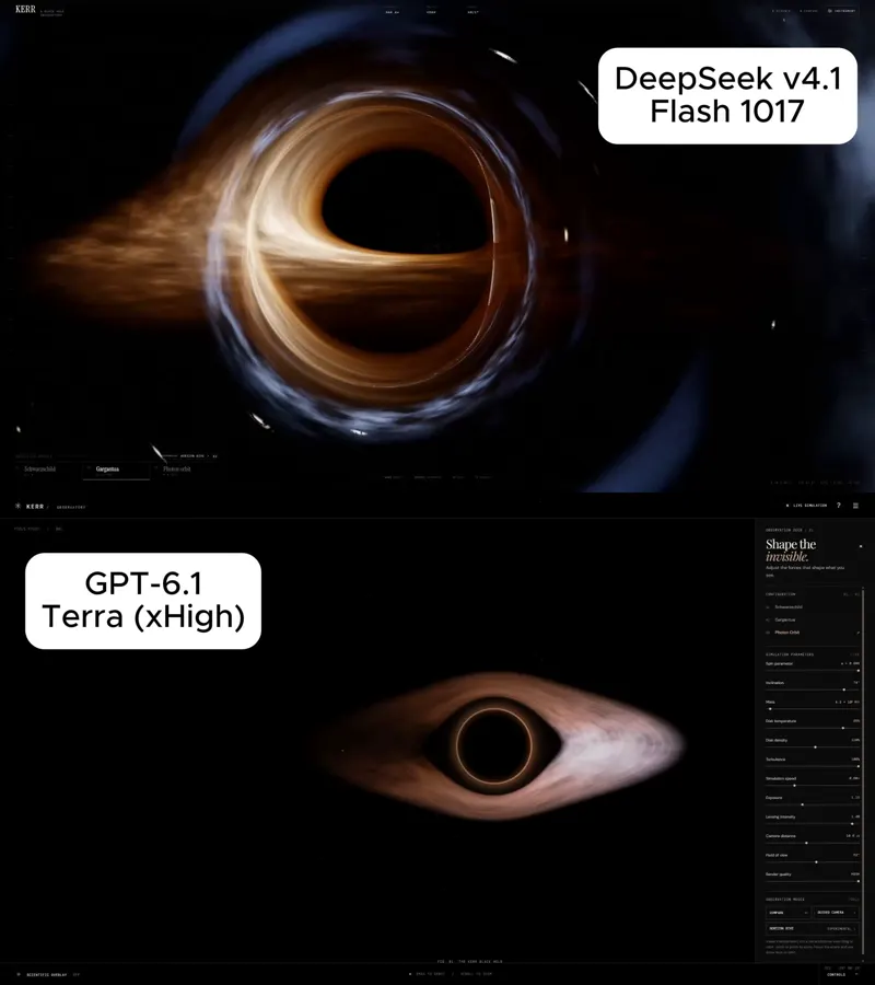 Black hole render, DeepSeek 1017 vs Terra xHigh: DeepSeek V4.1 Flash 1017 vs GPT-6.1 Terra