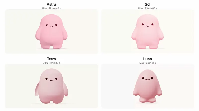 3D take on an app character, four GPT models: GPT-6.1 Terra vs GPT-6.1 Sol vs GPT-6 Astra vs GPT-6 Luna