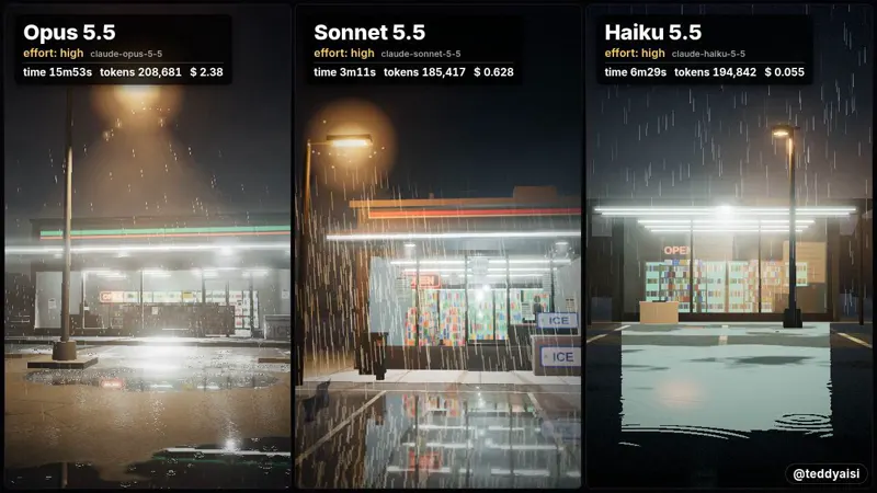 Convenience store at 2 AM, three Claude sizes: Claude Opus 5.5 vs Claude Sonnet 5.5 vs Claude Haiku 5.5
