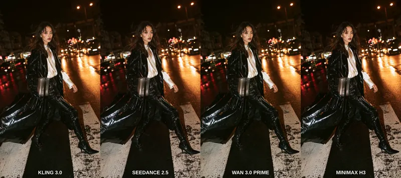 Night street coat orbit with tempo ramps, four models: Kling 3.0 vs Seedance 2.5 vs Wan 3.0 Prime vs MiniMax H3
