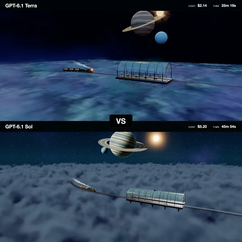 Space Train scene, GPT-6.1 Terra vs GPT-6.1 Sol: GPT-6.1 Terra vs GPT-6.1 Sol