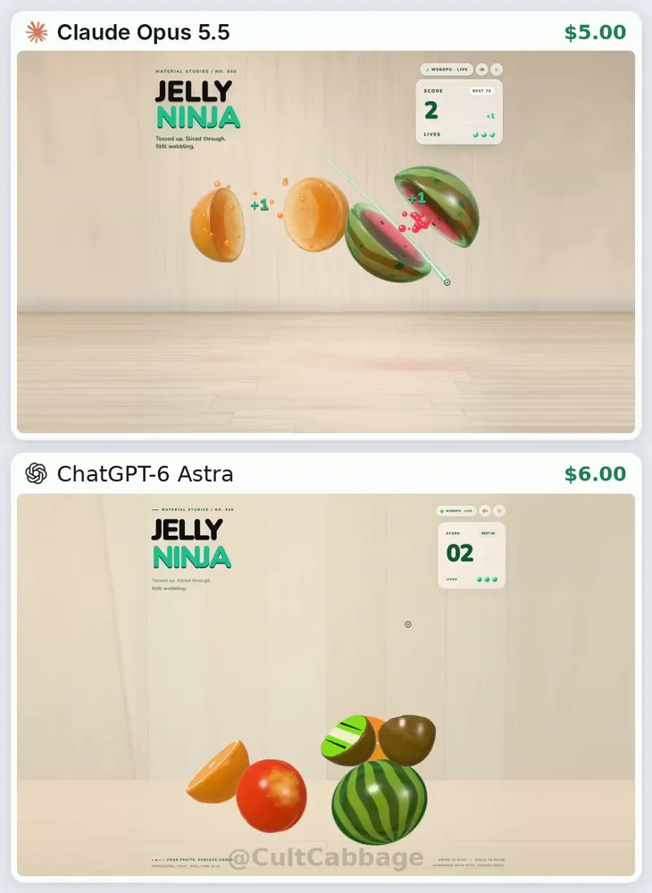Jelly Fruit Ninja game, Opus vs Astra: Claude Opus 5.5 vs GPT-6 Astra