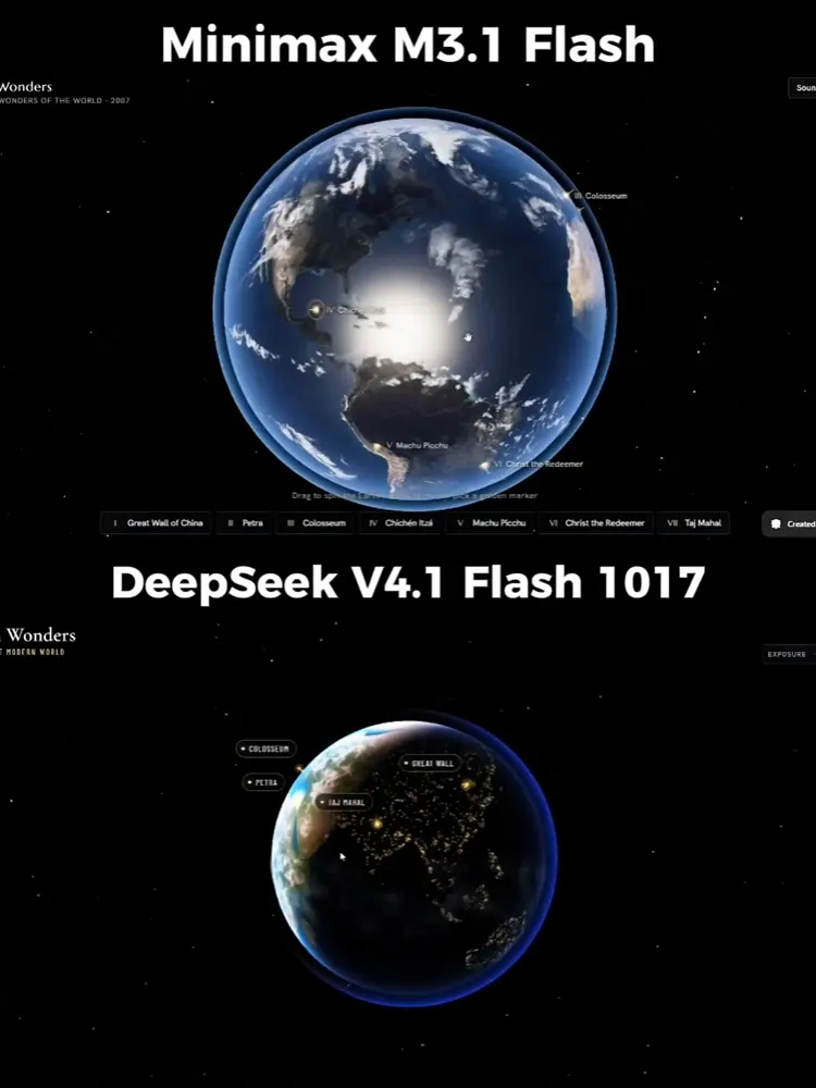 Interactive 3D tour of the New 7 Wonders: MiniMax M3.1 Flash vs DeepSeek V4.1 Flash 1017